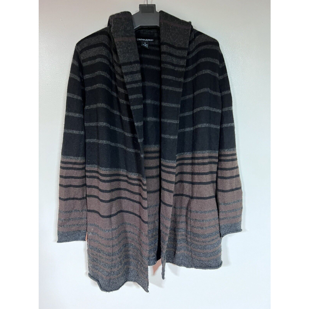 Cynthia Rowley Cardigan Women S Small Brown Black Stripped Open Front Wool Knit